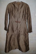 C11 Vintage Home Sewn Custom Dress Coffee Silk  Wool A Line Buttons Pockets