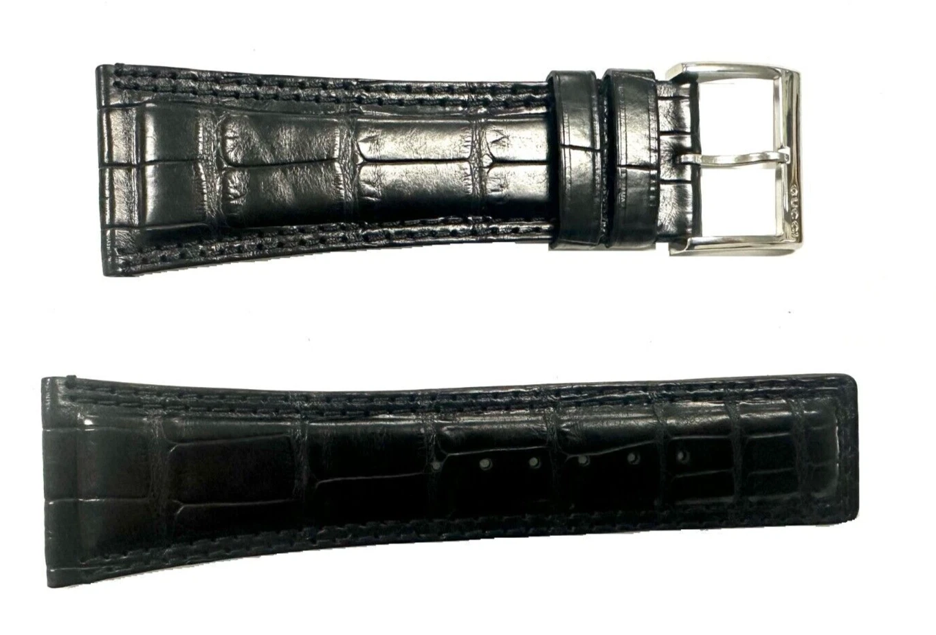 Gucci Black Genuine Leather Croc Pattern Watch Band Silver Buckle 29mm New