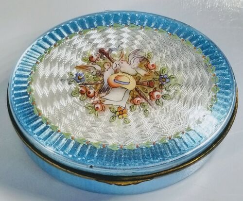 19th Century French Guilloché Enamel Two Doves With Hat & Flowers Trinket Box - Afbeelding 1 van 12