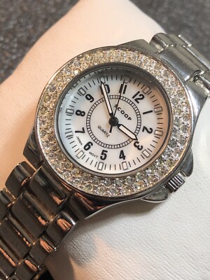 Women s Scoop Watch Silver Tone Rhinestone Bezel MOP Ladies Wristwatch