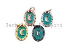 NEW DESIGN Pave CZ Enamel Moon Charms Pendant, Green Enamel,Enamel Oval