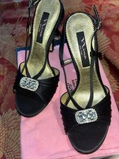NIB Nina DESTINY Black Luster Strappy Heels Rhinestone 8.5 Evening Dust Bag GLAM