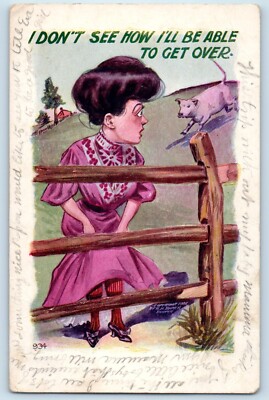 Signed Postcard Cow Chasing Woman I Don't See How I'll Be Able To Get Over