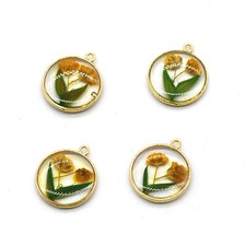 Clearance 8PCS Gold Tone Dried Pressed Flower Resin Round Charm Pendant GBY108