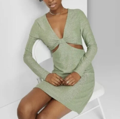 Wild Fable Bodycon Womens Large Dress Mini Long Sleeve Shimmer Green Cutouts