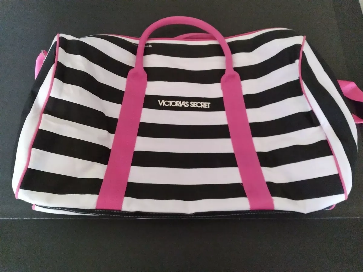 Victoria's Secret Large Black White Pink Traveler Tote Bag Duffel with  Strap Set