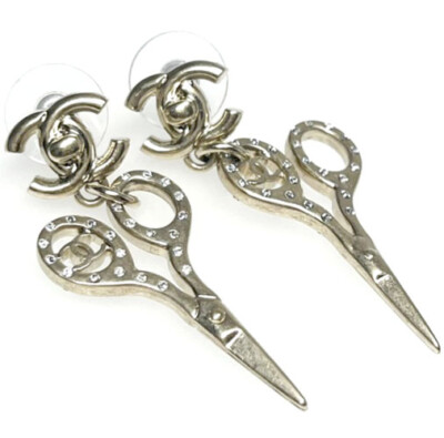 CHANEL CC Logos Rhinestone Scissors Dangle Stud Earrings