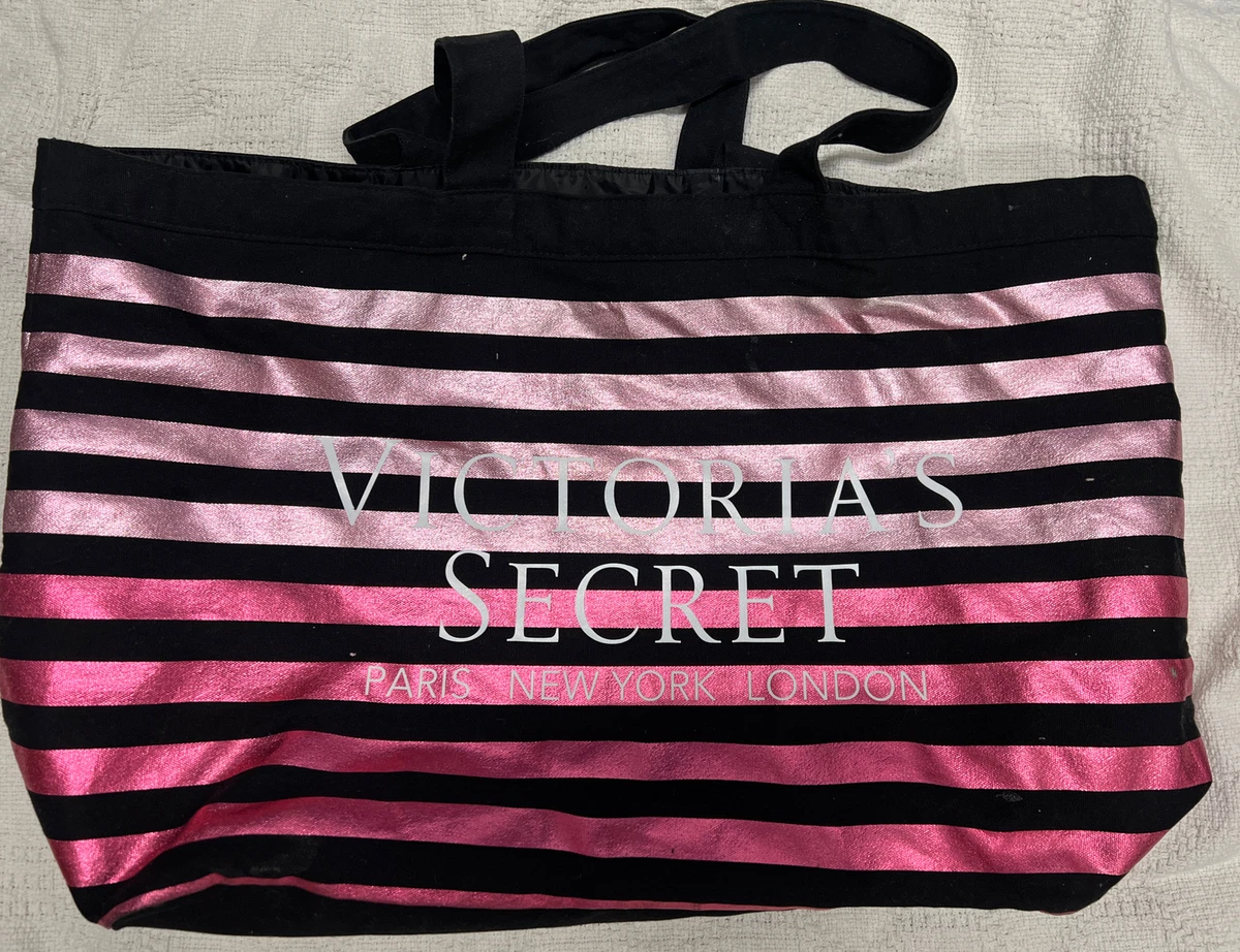 Victoria Secret Weekender Large Tote Bag Black Pink Shiny Stripes Logo On  Front