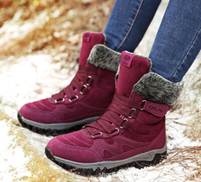 Woman's Winter Snow Boots Warm Lace Up Maroon With gray fur lining Deep treads