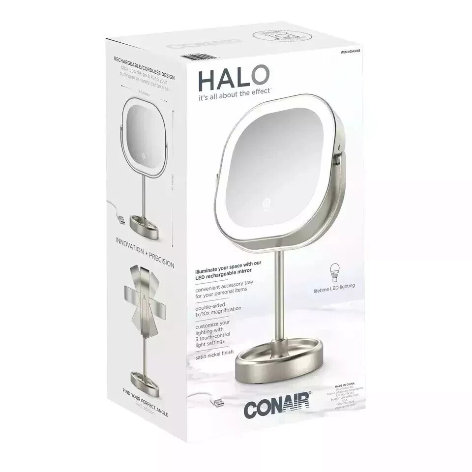 Conair Halo LED Rechargeable Vanity Mirror 3 Light Settings Energy Efficient