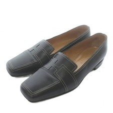 Hermes Loafer Moccasin Leather Square Toe H Logo Black Women's Size EU36/US5.5