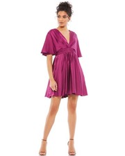 Ieena Mac Duggal 26605 Satin Flowy Cape Sleeve Mini Dress Size 4 Berry Elegant
