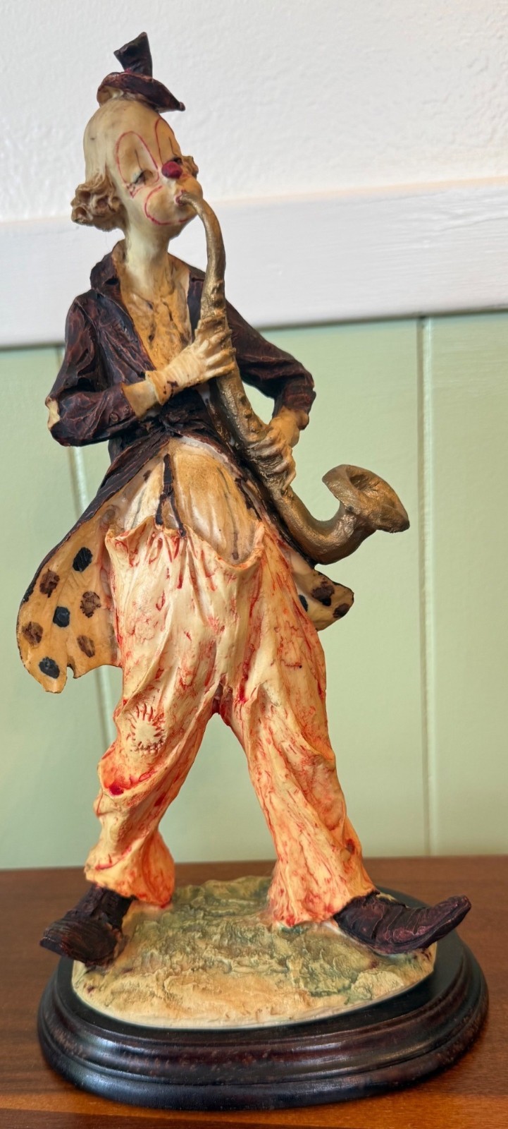 Hand-Carved Clown Figurine Playing Saxophone On Wood Base 12” Vintage Decorative