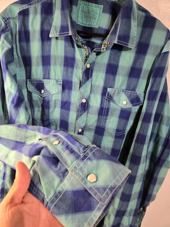 Age of Wisdom Para Hombres Talla XL Perla Camisa Abotonada Azul Cuadros Vaquero Camiseta Y2K Foto 4 de 4