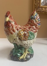 Vintage Majolica Hen Chicken Figurine Hand Painted 10” Colorful