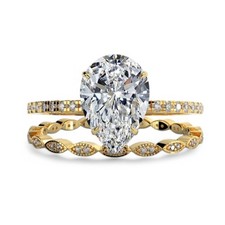 14k Yellow Gold Wedding Rings Set Lab Grown Pear Diamond 3 Carat IGI Certified