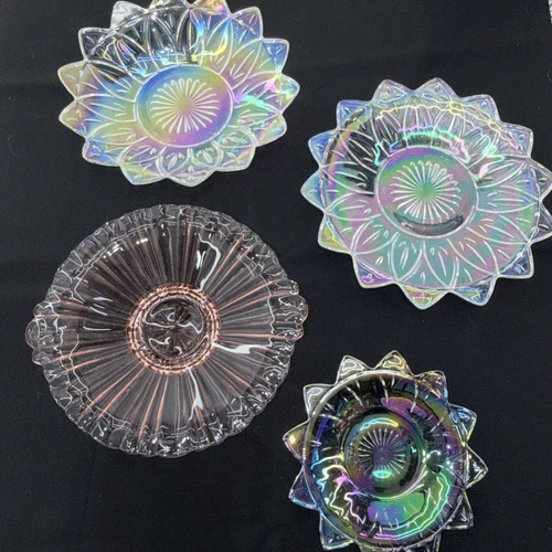 4 Pieces Depression Glass, Iridescent and Pink Candy Trinket Snack Dish Bowl