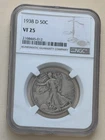 1938 D Walking Liberty Silver Half Dollars 50c NGC VF 25