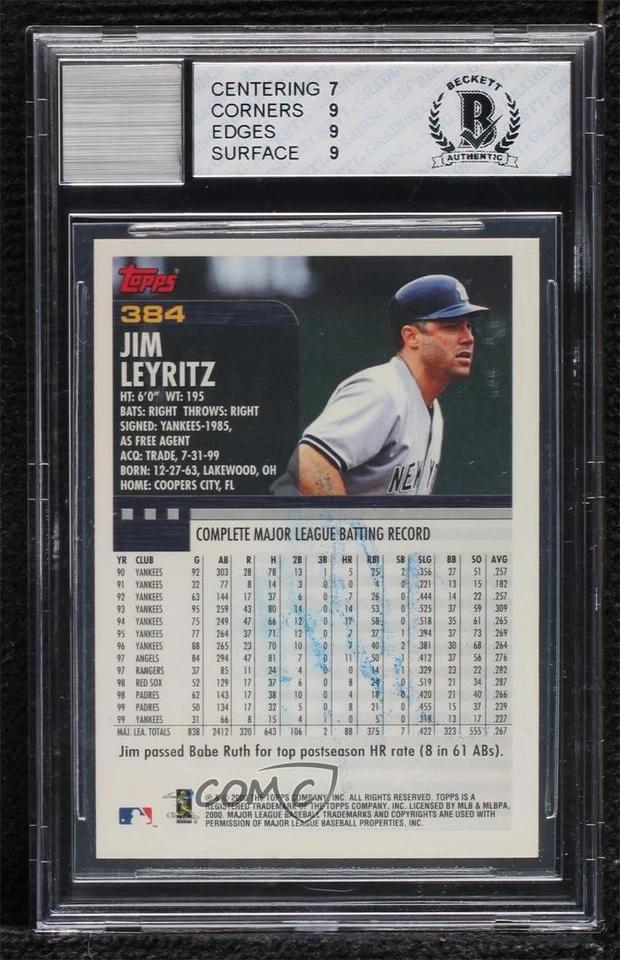 Auténtico automático BAS 2000 Topps Jim Leyritz #384 BGS Foto 2 de 2