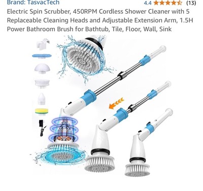 TasvacTech Electric Spin Scrubber 450RPM Cordless Shower Cleaner with 5 Repla...