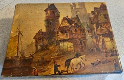 Vtg Tuck-a-Way Letter Box By L-U-C-E Mfg Co. Hinged Lid Seaside Village Scene