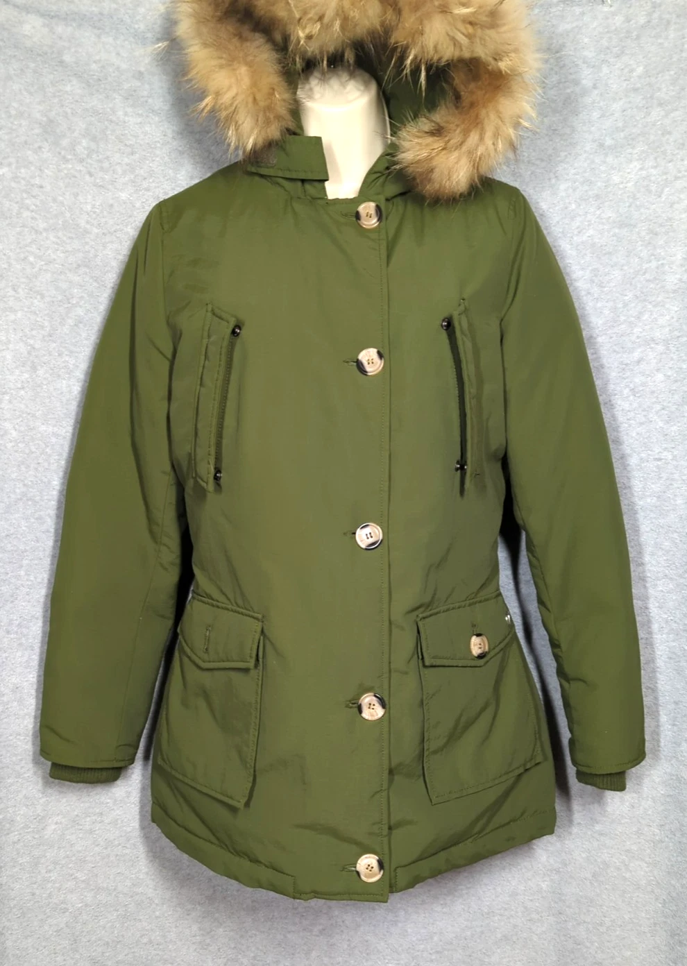 Women's Luxury Down Jacket Anorak SZ S Fox Trim Hood Green Winter Snow Toasty