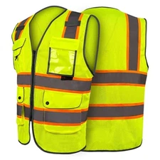 FX Class2 Hi-Vis Reflective Safety Vests with 6 Pockets and Zipper Front Green.