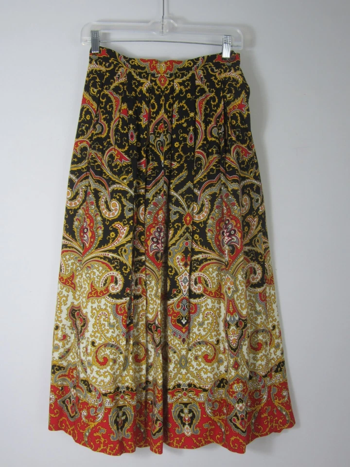 De Colección Susan Bristol Mujer XS Rojo Amarillo Paisley Plisado Falda Lana Rayón Midi Foto 2 de 4