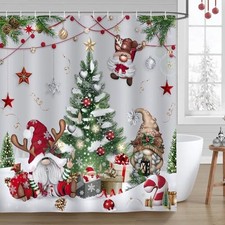 Christmas Gnomes Shower Curtain Xmas Tree Balls Gift Boxes Winter Holiday