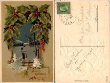 Christmas Holiday Postcard with Holly and Snow Scene, Country Land, 1910s