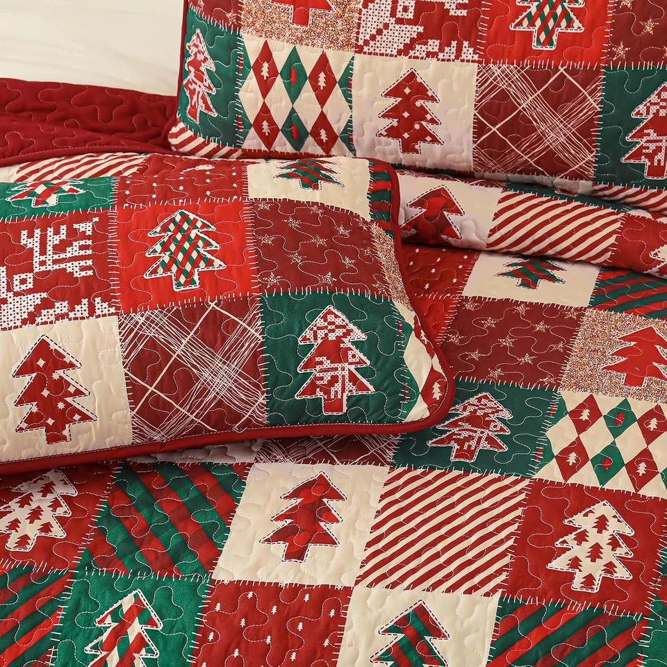 Colcha de Natal King, 3 peças xadrez patchwork tamanho King vermelho verde Chr - Imagem 4 de 4