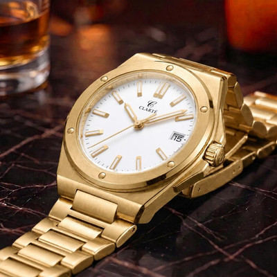 CLARTÉ Men's Watch White Dial Automatic Gold Stainless Steel Bracelet Luxury