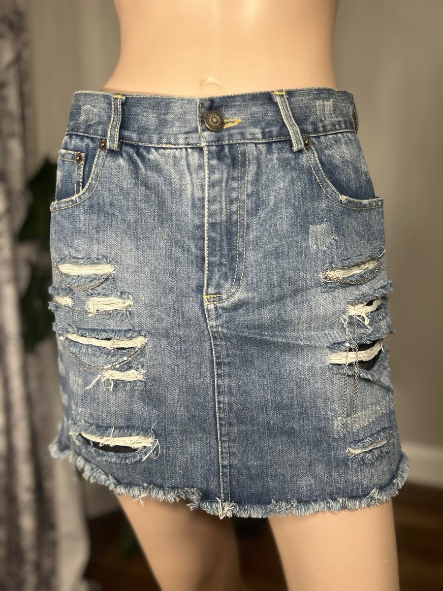 Alexander McQueen Y2K Mini Distressed Denim Skirt Sz M Mesh Lining