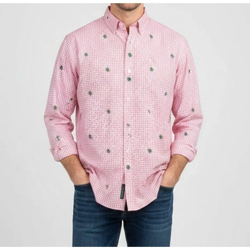 Club Room Mens XXL Button Front Shirt Pink Check Palm Trees 100% Cotton