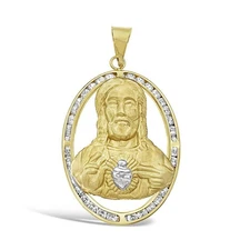 10k Yellow Gold Jesus Christ Sacred Heart Pendant Mens CZ Charm 2 inch