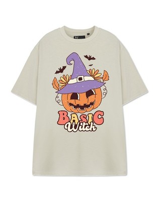 Show Me The Merch Beige Basic Witch Kurzärmeliges T-Shirt Frauen