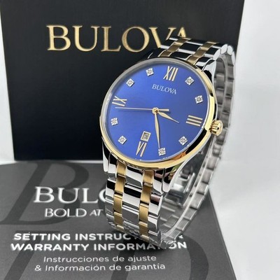 New Bulova Two Tone Diamond Blue Dial 98D130 Men's Classic Quartz Watch 40mm