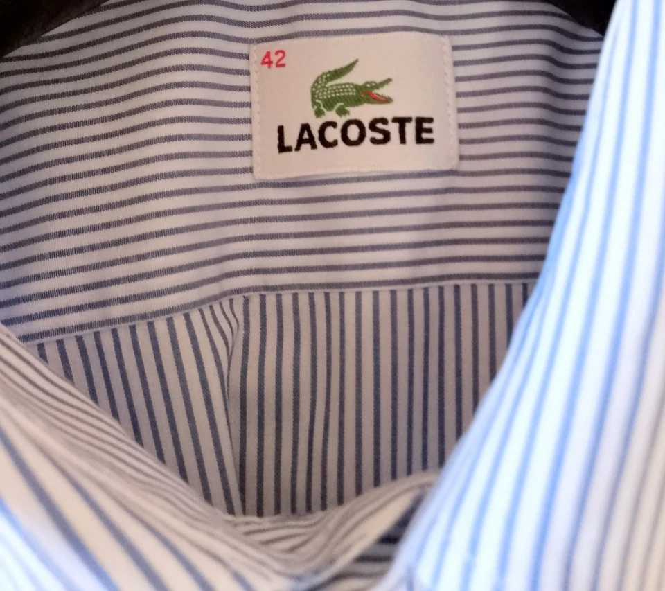 CAMICIA UOMO LACOSTE A RIGHE BIANCHE-CELESTE TG L / XL COLLO 42 - Immagine 2 di 4