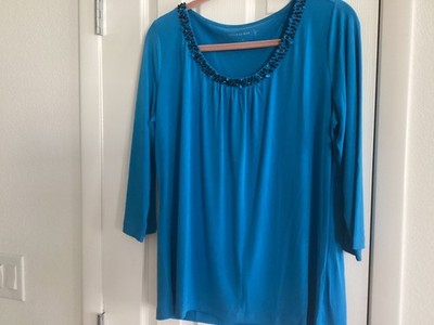 Susan Graver Liquid Knit Blouse -Beaded Neckline 3/4 Sleeve Women s Sz M nwot