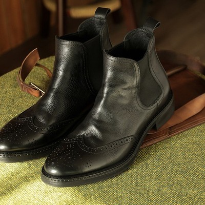 British New Genuine Leather Brogue Carved High Top Business Casual Chelsea Boots