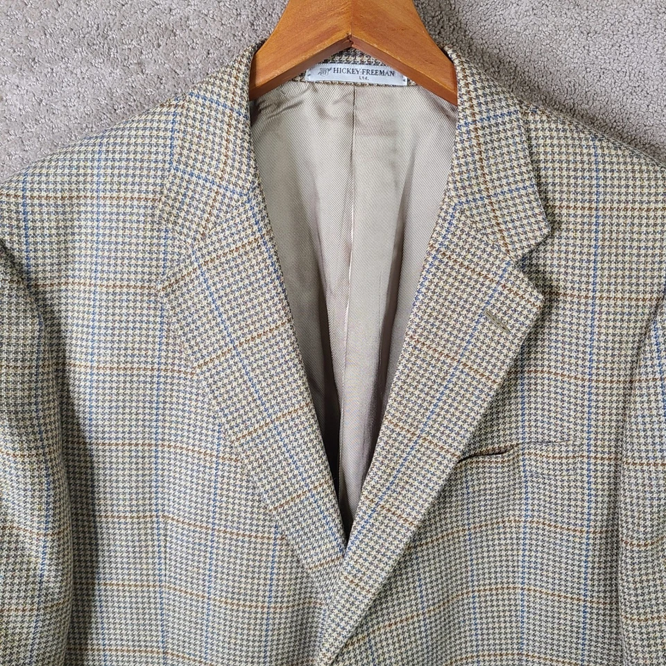 Chaqueta Hickey Freeman Para Hombre 48R Beige Cuadros Tweed Blazer Lana Seda Lino 2 Botones Foto 2 de 4