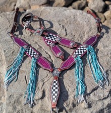 Pink  Turquoise Checkered Tack Set Breast Collar Headstall Western Horse