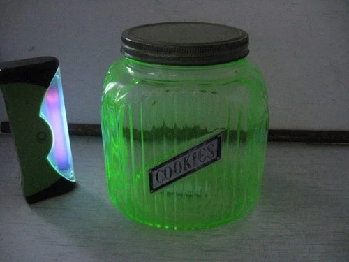 VASELINE DEPRESSION GLASS HOOSIER COOKIE JAR W/LID, RIBBED, VGC+