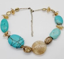 Faux Turquoise Lucite Necklace Wire Wrap STATEMENT Blue & Brown Marbled 20 in