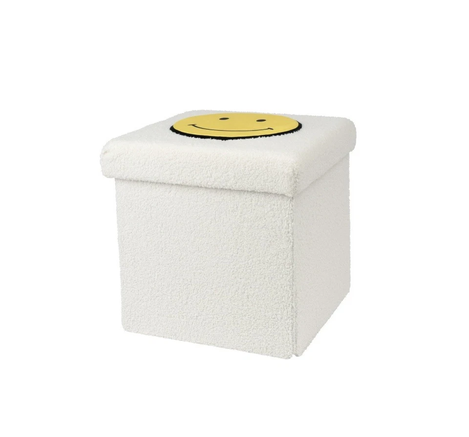 Otomana de almacenamiento plegable, blanca con cara sonriente amarilla Foto 4 de 4