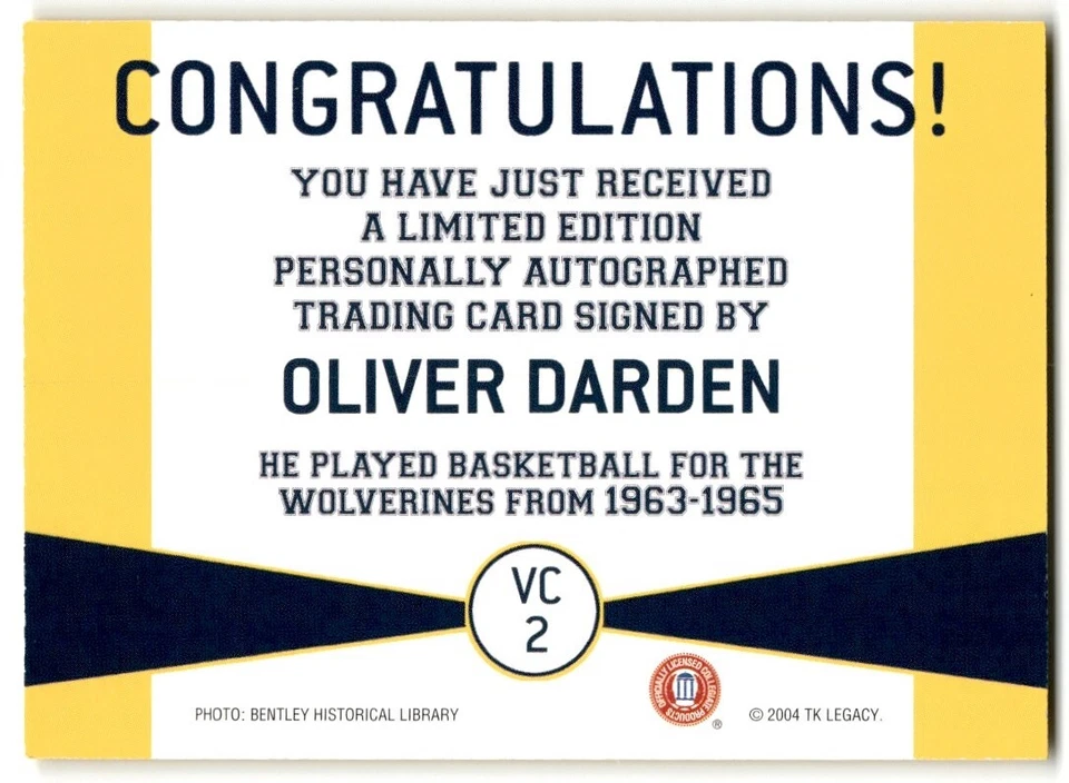 *ERROR NO AUTO* 2004-05 TK Legacy Varsity Club Oliver Darden Wolverines #VC2 - Image 2 of 2
