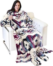 Wearable Fleece Blanket with Sleeves and Foot Pockets for Adult Women Men, Large