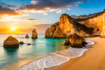 Wunderschöner Sonnenuntergang am Strand Praia da Marinha an der Algarve, Portuga