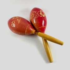 Vintage Wooden Painted Fuschia Maracas Hand Carved Flowers Shaker Mexico 11 Inch