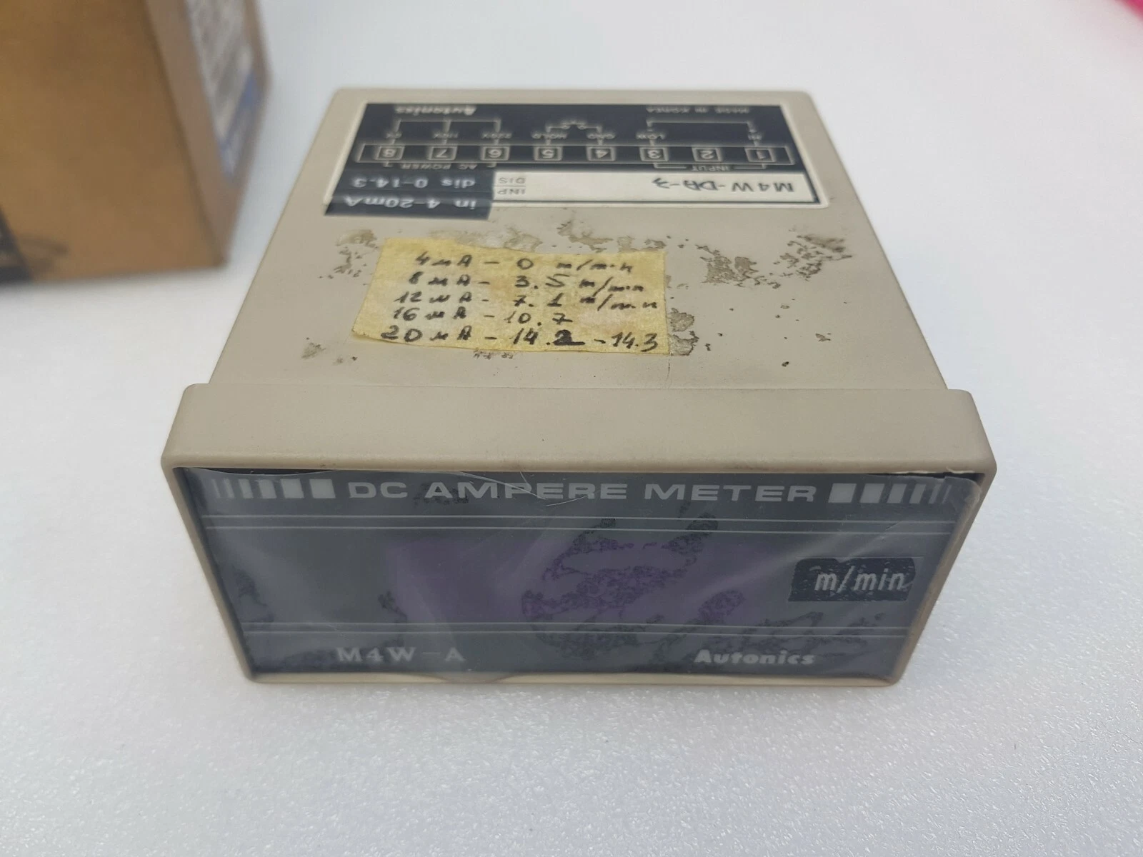 Autonics M4W-DA-3 DC ampere meter with hand-written conversion note on top